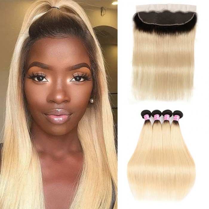 Incolorwig #T1B613 Ombre Color Staight Malaysian 4 Bundles Hair With 13*4 Free Part Lace Frontal
