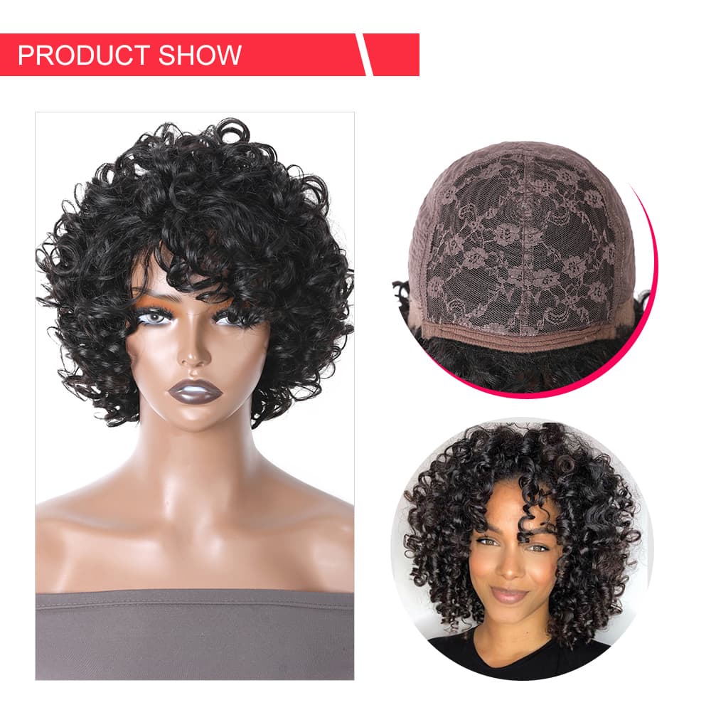 Incolorwig Glueless Short Pix Cut Wigs Bouncy Curl Natural Black With ...