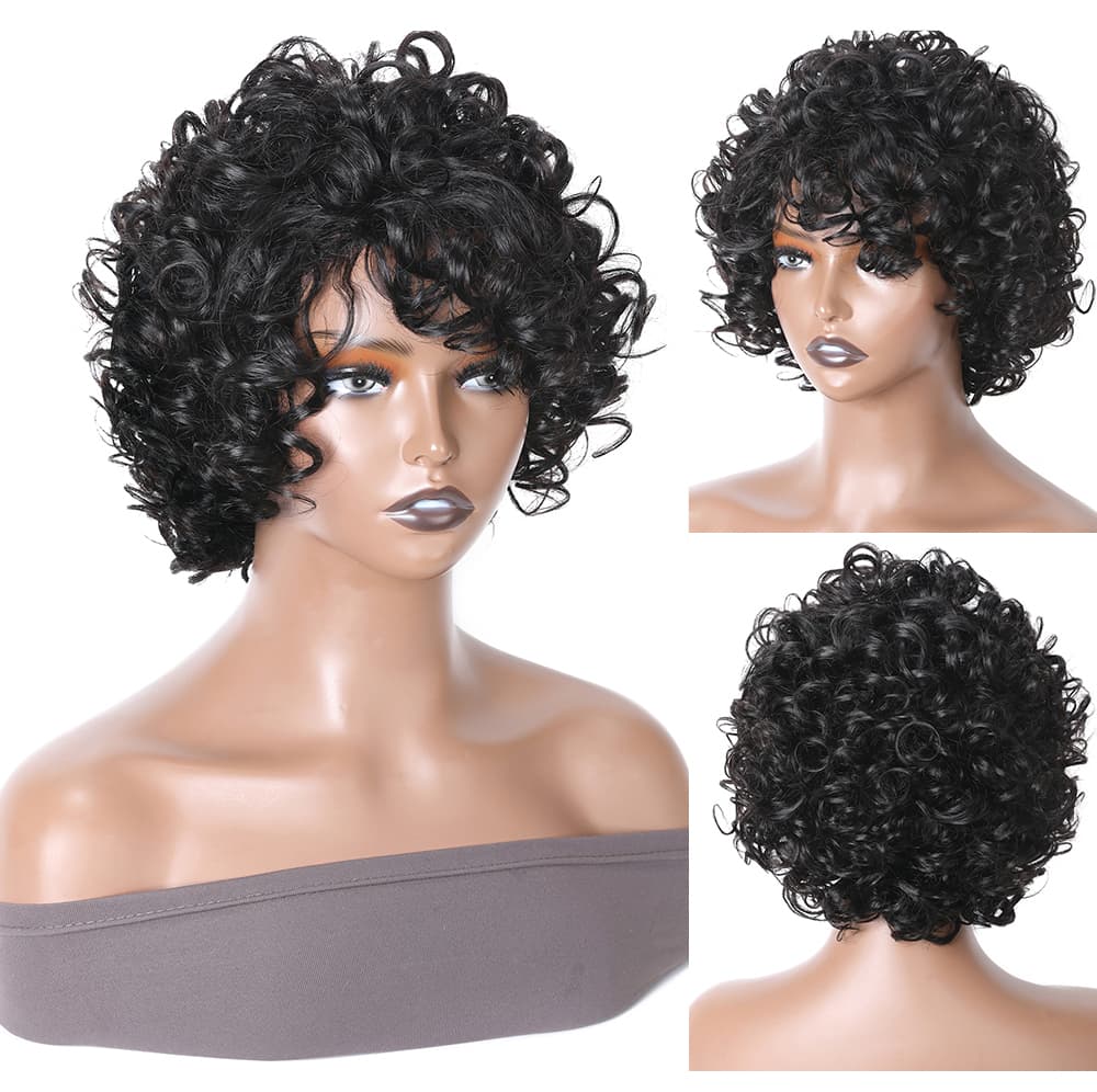 Incolorwig Glueless Short Pix Cut Wigs Bouncy Curl Natural Black With Bangs Glueless Wig